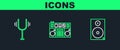 Set line Stereo speaker, Musical tuning fork and DJ remote playing and mixing music icon. Vector