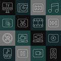 Set line Stereo speaker, Record button, Fast forward, Rewind, Music video editing, Add playlist, Smart Tv and Play icon Royalty Free Stock Photo