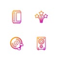 Set line Stereo speaker, Vinyl disk, Beer can and Firework. Gradient color icons. Vector