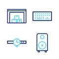 Set line Stereo speaker, Wrist watch, Keyboard and Warehouse icon. Vector