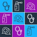 Set line Stethoscope, Dialogue with the doctor and Medical bottle with nozzle spray icon. Vector