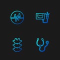 Set line Stethoscope, Human spine, Heart rate and Ultrasound. Gradient color icons. Vector