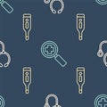 Set line Stethoscope, Medical digital thermometer and Magnifying glass for search medical on seamless pattern. Vector Royalty Free Stock Photo
