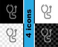Set line Stethoscope medical instrument icon isolated on black and white, transparent background. Vector Royalty Free Stock Photo