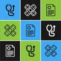 Set line Stethoscope, Patient record and Crossed bandage plaster icon. Vector