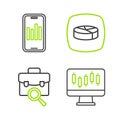 Set line Stocks market growth graphs, Work search, Pie chart infographic and Mobile with icon. Vector Royalty Free Stock Photo