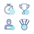 Set line Stopwatch with basketball ball, Basketball medal, Award cup and Clock icon. Vector