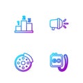 Set line Stopwatch, Bicycle brake disc, Award over sports winner podium and head lamp. Gradient color icons. Vector