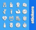 Set line Stopwatch, Bodybuilder muscle, No Smoking, Carrot, Bamboo, Jump rope and icon. Vector