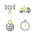 Set line Stopwatch, Delivery truck with cardboard boxes and drone the package icon. Vector