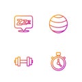 Set line Stopwatch, Dumbbell, Sleepy and Fitness ball. Gradient color icons. Vector