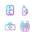 Set line Stopwatch, First aid kit, Air hockey table and Fitness shaker. Gradient color icons. Vector Royalty Free Stock Photo
