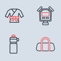 Set line Stopwatch, Fitness shaker, Sport bag and Kimono icon. Vector