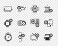 Set line Stopwatch, Printer setting, Hourglass, Wrist, Toaster, Tv and Power bank icon. Vector