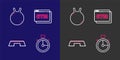 Set line Stopwatch, Step platform, Online fitness and training and Kettlebell icon. Vector Royalty Free Stock Photo