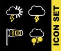 Set line Storm, Cloud with snow and rain, Cone meteorology windsock wind vane and icon. Vector