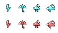 Set Line Storm, Lightning Bolt, Umbrella And Cloud With Rain And Sun Icon. Vector