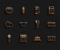 Set line Strainer spoon, Oven, Pretzel, Stack of pancakes, Cheese, Cooking pot, Brownie chocolate and Kitchen brush icon
