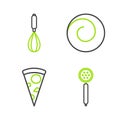 Set line Strainer spoon, Slice of pizza, Roll bun with cinnamon and Kitchen whisk icon. Vector