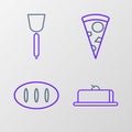 Set line Strawberry cheesecake slice, Bread loaf, Slice of pizza and Spatula icon. Vector Royalty Free Stock Photo