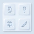 Set line Strawberry jam jar, Ice cream, Cake on plate and Candy. White square button. Vector