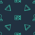 Set line Street signboard coffee, Coffee paper filter and tamper on seamless pattern. Vector Royalty Free Stock Photo