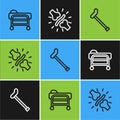 Set line Stretcher, Walking stick cane and Joint pain, knee pain icon. Vector