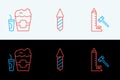 Set line Striker attraction with hammer, Popcorn in box and glass and Firework rocket icon. Vector Royalty Free Stock Photo