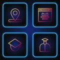 Set line Student, Graduation cap on globe, Location and Browser window. Gradient color icons. Vector Royalty Free Stock Photo