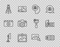 Set line Studio light bulb in softbox, Camera photo lens, Photo camera, frame, Tripod, retouching and icon. Vector