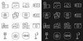 Set line Studio light bulb in softbox, Movie clapper, Camera photo lens, Photo retouching, frame, camera, Cinema and