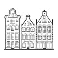 Set of 3 line style Amsterdam old houses facades