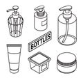 Set of Line style cosmetics for skin care. Icons of cosmetic bottles and package. Bottles for shampoo, creams, tonic