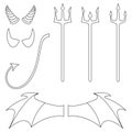 Set of line style devil elements isolated on white background. Outline horns, tridents, wings, tail. Clean and modern vector.