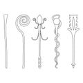 Set of line style icons of staffs isolated on white background. Magic wand, scepter, stick, rod. Vector illustration