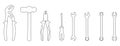 Set of line style icons of tools. Wrench, screwdriver, pliers, hammer. Workshop, mechanic, repair service logo template. Clean and Royalty Free Stock Photo