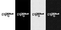 Set line Submachine gun icon isolated on black and white, transparent background. Kalashnikov or AK47. Vector