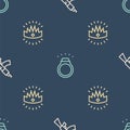 Set line Submachine gun, King crown and Diamond ring on seamless pattern. Vector Royalty Free Stock Photo