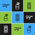Set line Submachine gun M3, Dynamite and timer clock and Hand grenade icon. Vector