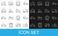 Set line Submarine, Off road car, Delivery cargo truck, Yacht sailboat, Taxi, Scooter and Cruise ship icon. Vector