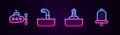 Set line Submarine, Periscope, Floating buoy and Ship bell. Glowing neon icon. Vector