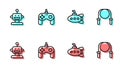 Set line Submarine toy, Robot, Gamepad and Jump rope icon. Vector