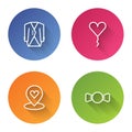 Set line Suit, Balloon in form of heart, Location with and Bow tie. Color circle button. Vector