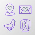 Set line Suit, Dove, Envelope with Valentine heart and Location icon. Vector