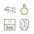 Set line Suit, Greeting card, Male gender symbol and Wedding rings on hand icon. Vector Royalty Free Stock Photo