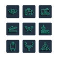 Set line Suitcase, Aircraft steering helm, Plane propeller, Fuel tanker truck, Drone flying, takeoff, Aviation emblem