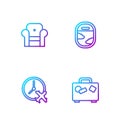 Set line Suitcase, Clock with airplane, Armchair and Airplane window. Gradient color icons. Vector