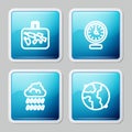 Set line Suitcase, Clock, Cloud with rain and Worldwide icon. Vector