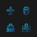 Set line Suitcase, Conveyor belt with suitcase, Plane and Airplane window. Gradient color icons. Vector