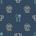 Set line Suitcase, Five stars rating review and Fork and spoon on seamless pattern. Vector